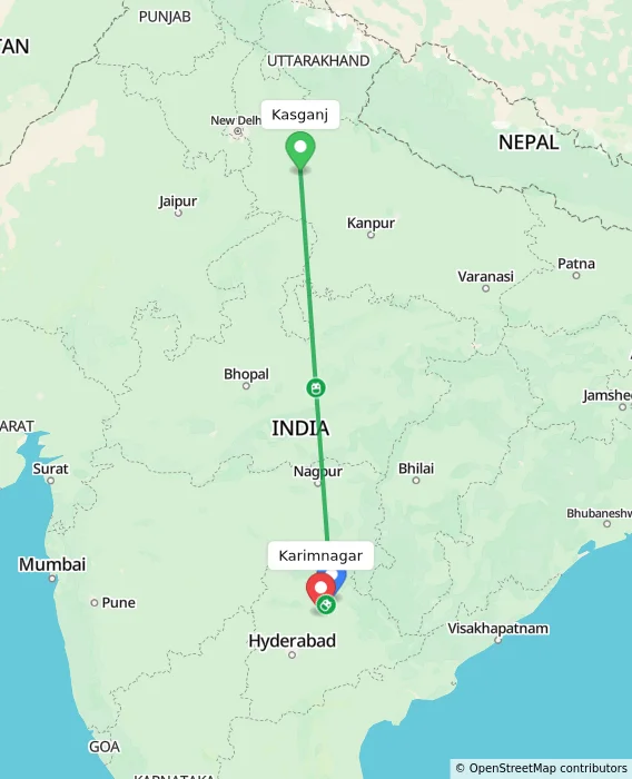 Route map showing distance and travel time from Kasganj, India to Karimnagar, India