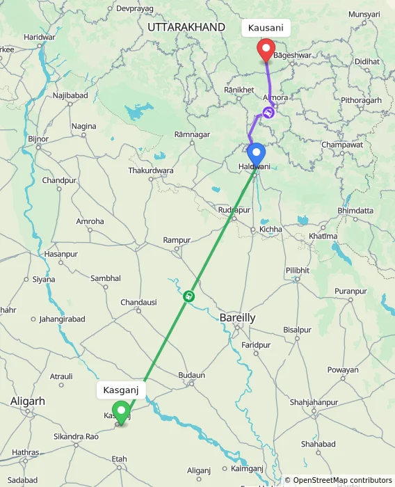Route map showing distance and travel time from Kasganj, India to Kausani, India