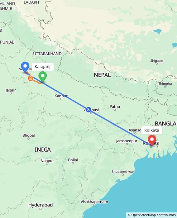 Route map showing distance and travel time from Kasganj, India to Kolkata, India