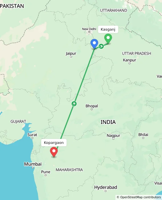 Route map showing distance and travel time from Kasganj, India to Kopargaon, India
