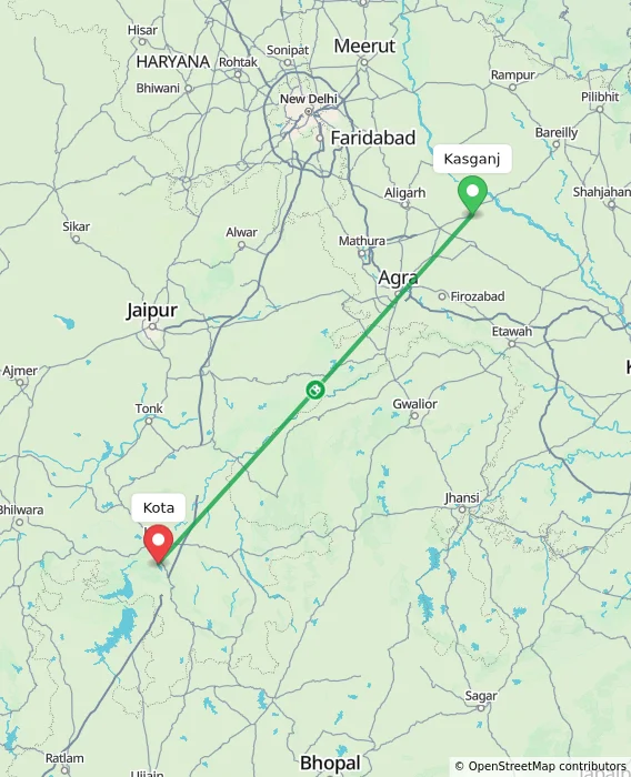 Route map showing distance and travel time from Kasganj, India to Kota, India