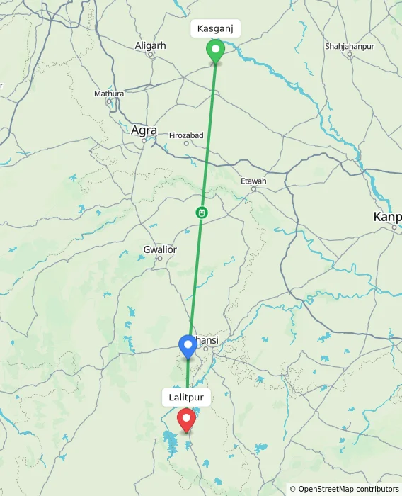 Route map showing distance and travel time from Kasganj, India to Lalitpur, India