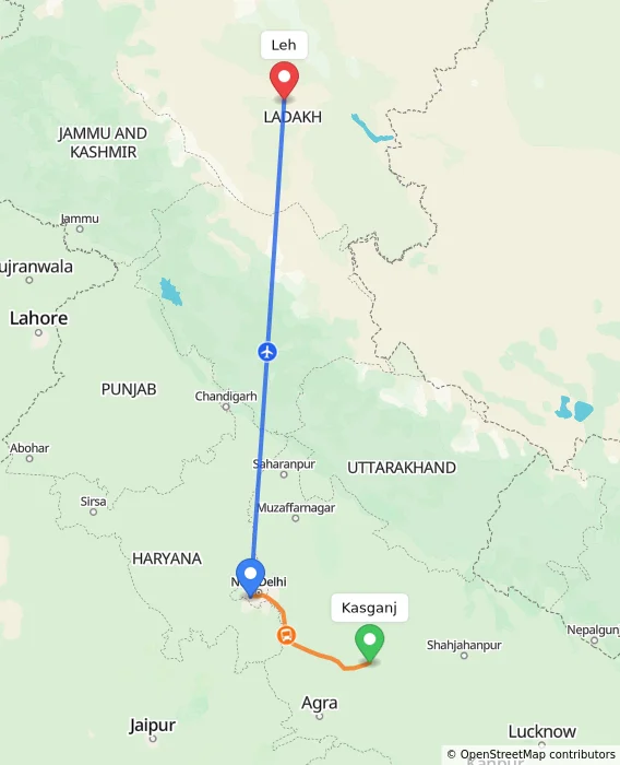 Route map showing distance and travel time from Kasganj, India to Leh, India