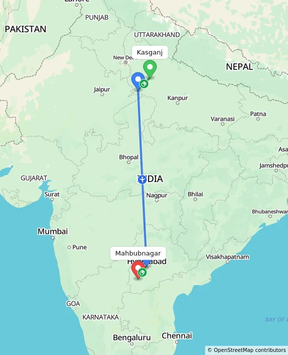 Route map showing distance and travel time from Kasganj, India to Mahbubnagar, India