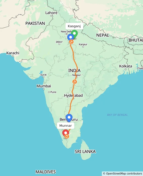 Route map showing distance and travel time from Kasganj, India to Munnar, India