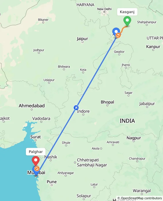 Route map showing distance and travel time from Kasganj, India to Palghar, India