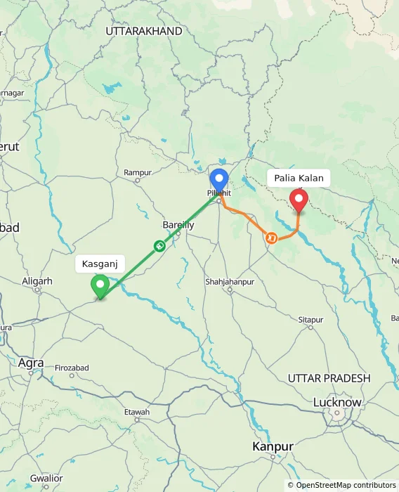 Route map showing distance and travel time from Kasganj, India to Palia Kalan, India