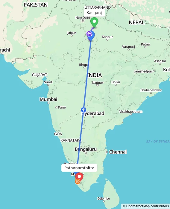 Route map showing distance and travel time from Kasganj, India to Pathanamthitta, India