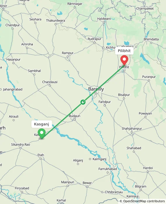 Route map showing distance and travel time from Kasganj, India to Pilibhit, India