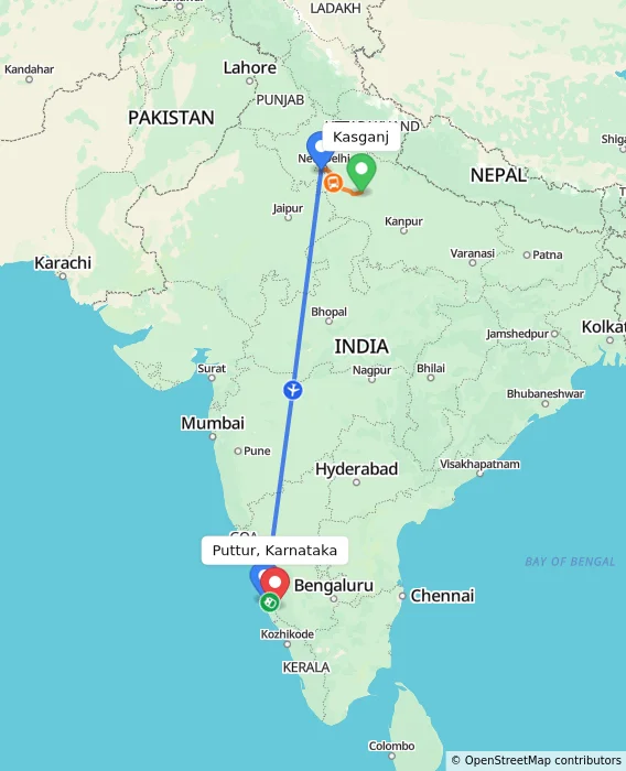 Route map showing distance and travel time from Kasganj, India to Puttur, Karnataka, India