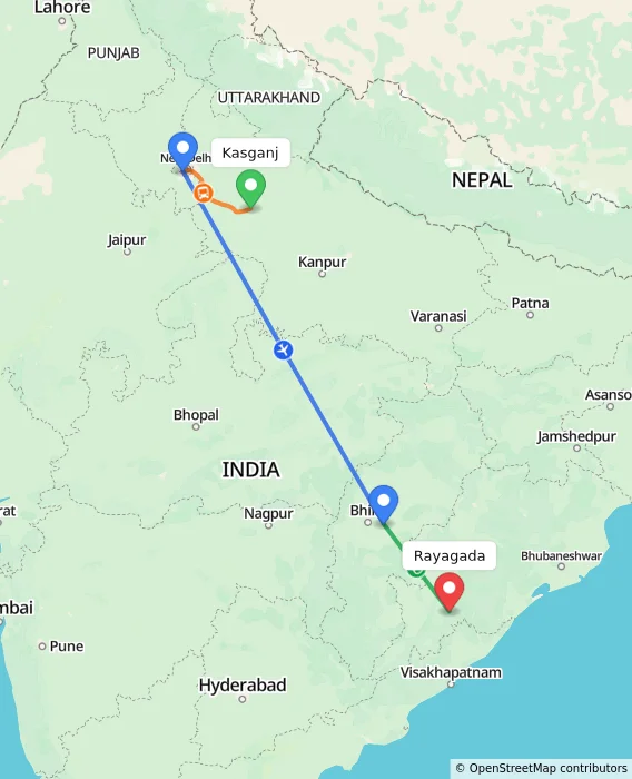 Route map showing distance and travel time from Kasganj, India to Rayagada, India