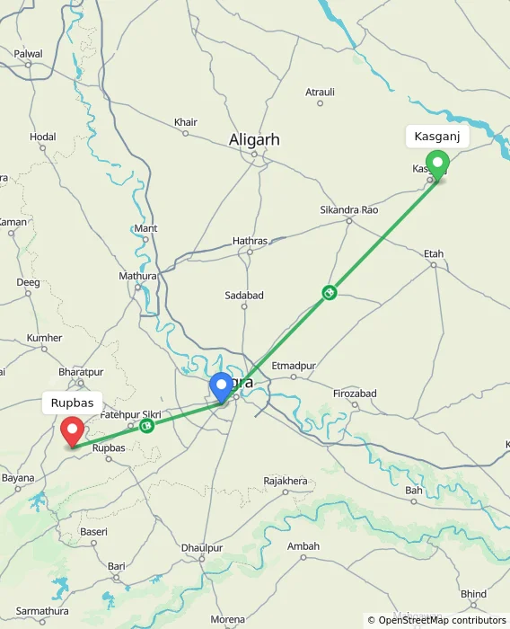 Route map showing distance and travel time from Kasganj, India to Rupbas, India