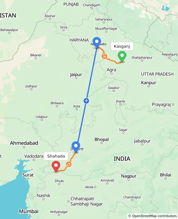 Route map showing distance and travel time from Kasganj, India to Shahada, India