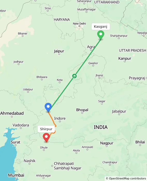 Route map showing distance and travel time from Kasganj, India to Shirpur, India