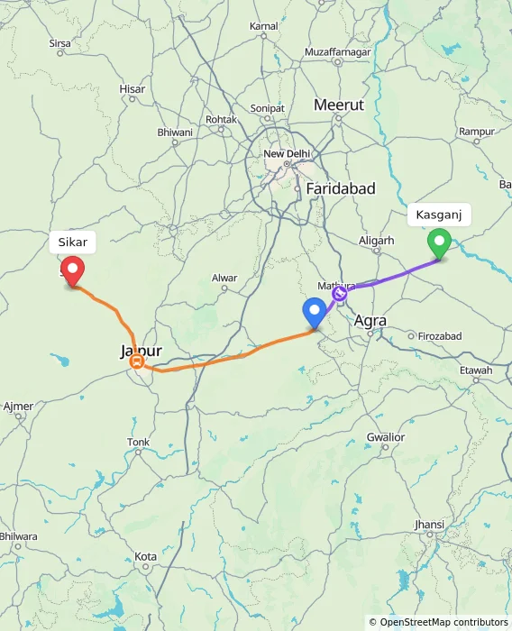 Route map showing distance and travel time from Kasganj, India to Sikar, India