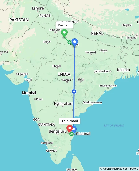 Route map showing distance and travel time from Kasganj, India to Thiruthani, India