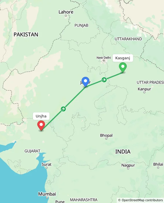 Route map showing distance and travel time from Kasganj, India to Unjha, India
