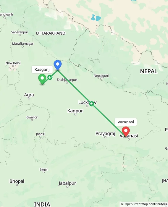 Route map showing distance and travel time from Kasganj, India to Varanasi, India