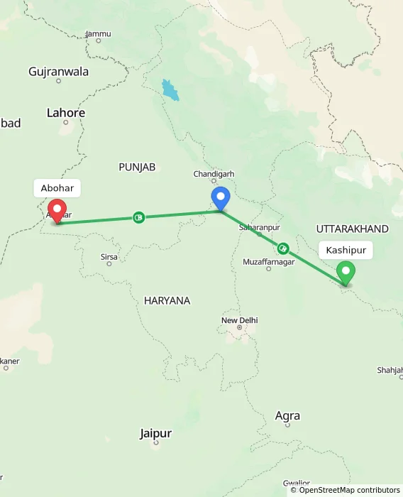 Route map showing distance and travel time from Kashipur, India to Abohar, India