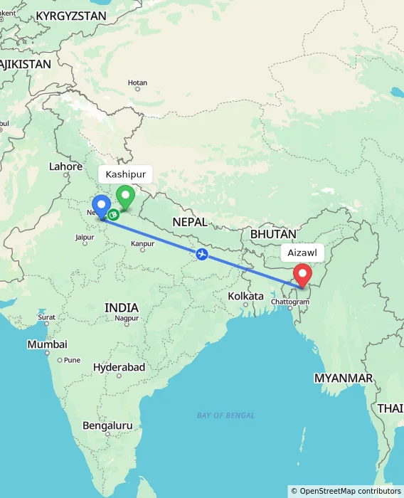 Route map showing distance and travel time from Kashipur, India to Aizawl, India