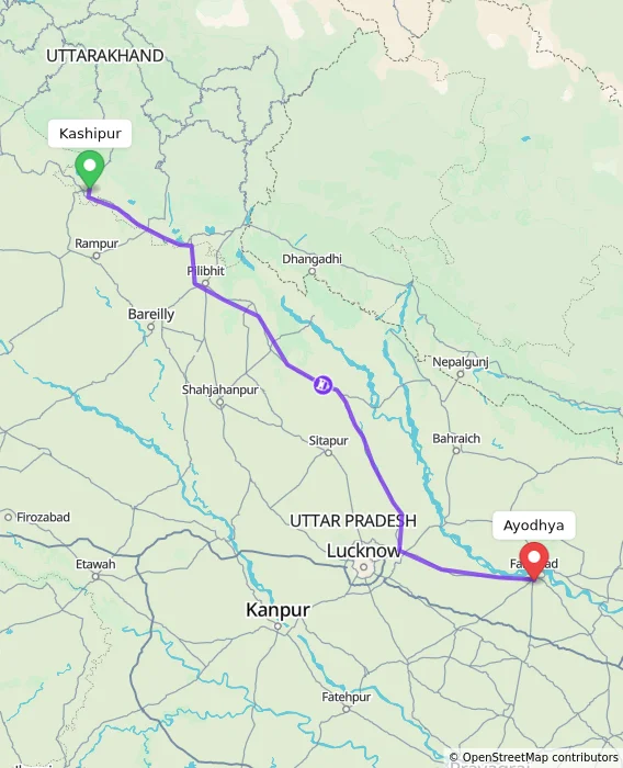 Route map showing distance and travel time from Kashipur, India to Ayodhya, India