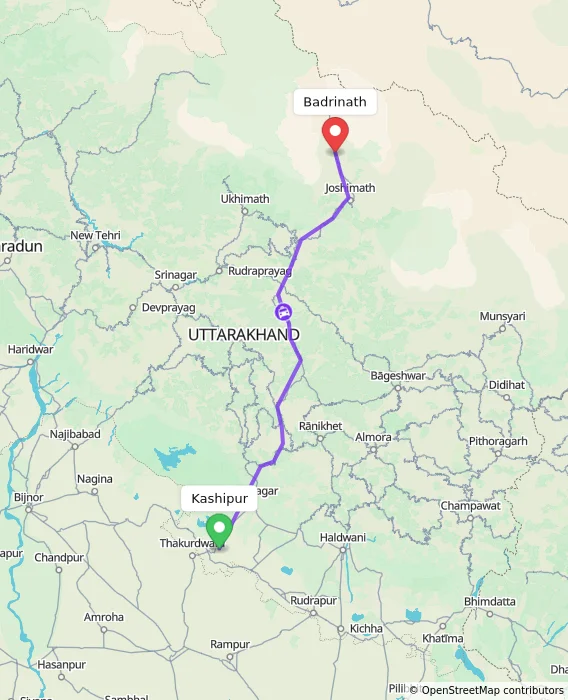 Route map showing distance and travel time from Kashipur, India to Badrinath, India