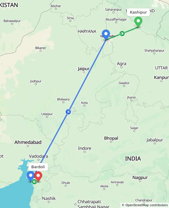 Route map showing distance and travel time from Kashipur, India to Bardoli, India