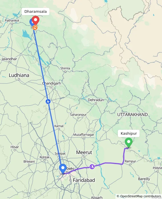 Route map showing distance and travel time from Kashipur, India to Dharamsala, India