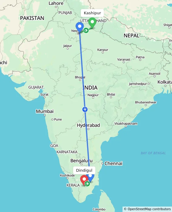 Route map showing distance and travel time from Kashipur, India to Dindigul, India