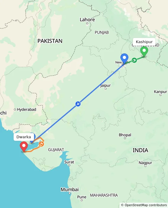 Route map showing distance and travel time from Kashipur, India to Dwarka, India