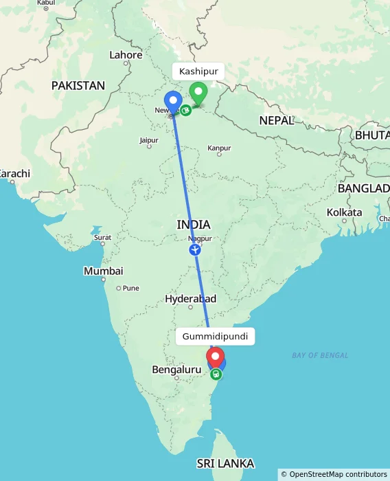 Route map showing distance and travel time from Kashipur, India to Gummidipundi, India