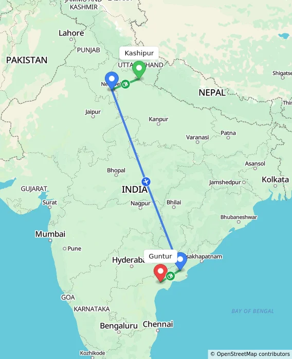 Route map showing distance and travel time from Kashipur, India to Guntur, India