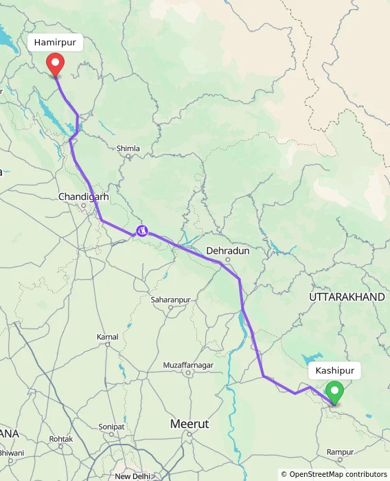 Route map showing distance and travel time from Kashipur, India to Hamirpur, India