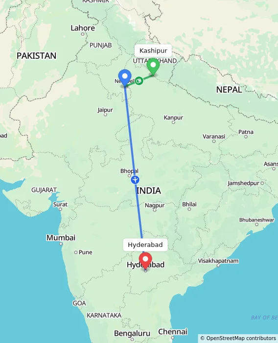 Route map showing distance and travel time from Kashipur, India to Hyderabad, India