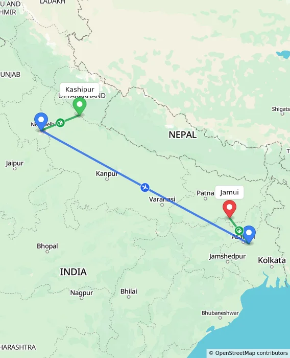 Route map showing distance and travel time from Kashipur, India to Jamui, India