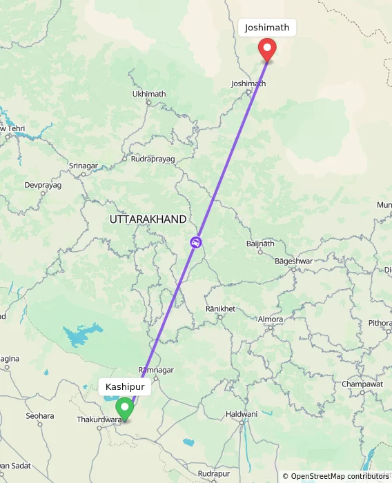 Route map showing distance and travel time from Kashipur, India to Joshimath, India