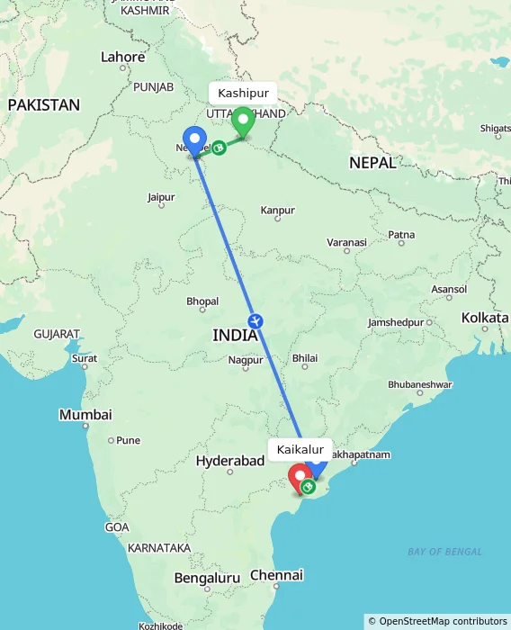 Route map showing distance and travel time from Kashipur, India to Kaikalur, India