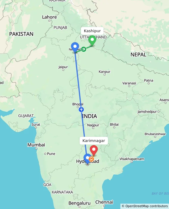 Route map showing distance and travel time from Kashipur, India to Karimnagar, India