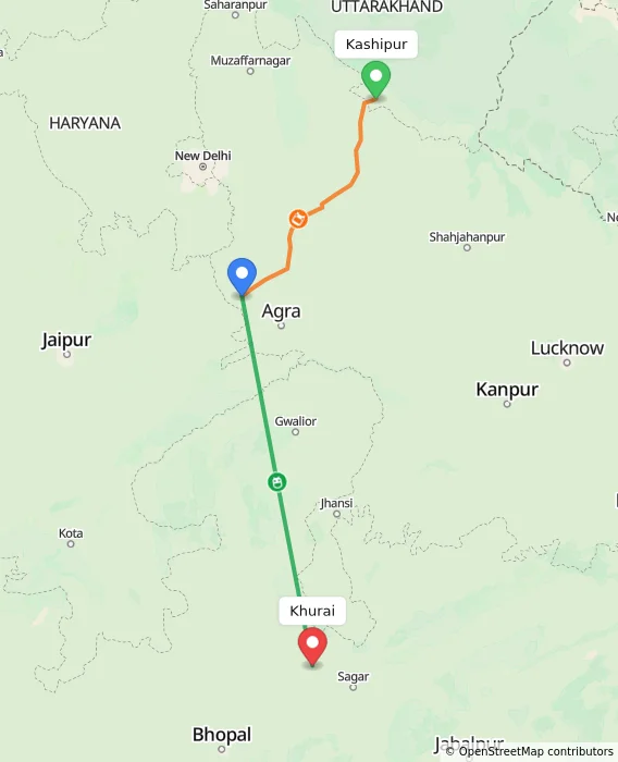 Route map showing distance and travel time from Kashipur, India to Khurai, India