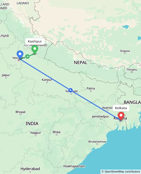 Route map showing distance and travel time from Kashipur, India to Kolkata, India