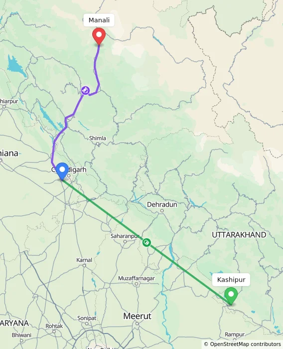 Route map showing distance and travel time from Kashipur, India to Manali, India