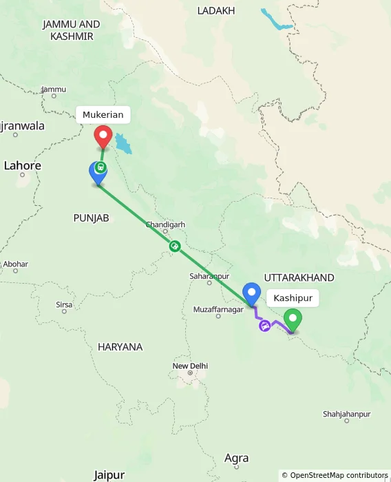 Route map showing distance and travel time from Kashipur, India to Mukerian, India