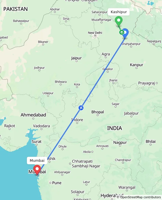 Route map showing distance and travel time from Kashipur, India to Mumbai, India