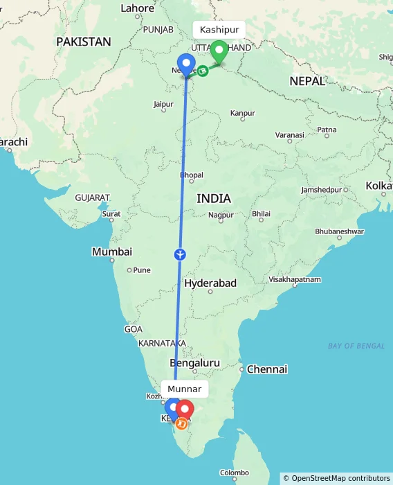 Route map showing distance and travel time from Kashipur, India to Munnar, India