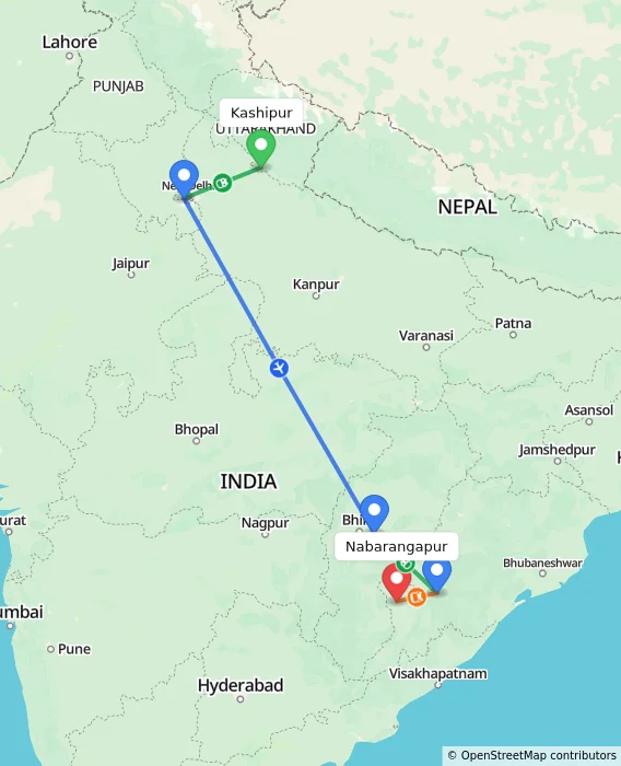 Route map showing distance and travel time from Kashipur, India to Nabarangapur, India