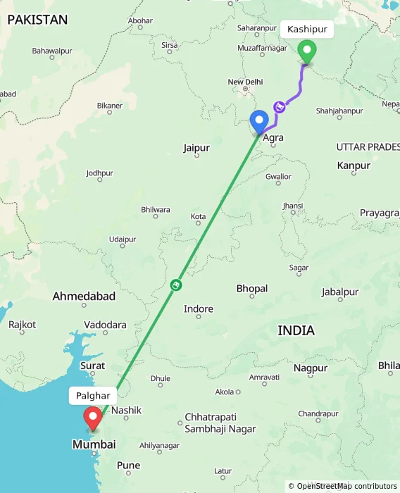 Route map showing distance and travel time from Kashipur, India to Palghar, India