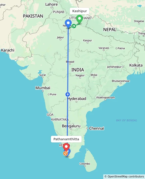 Route map showing distance and travel time from Kashipur, India to Pathanamthitta, India