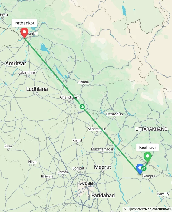 Route map showing distance and travel time from Kashipur, India to Pathankot, India