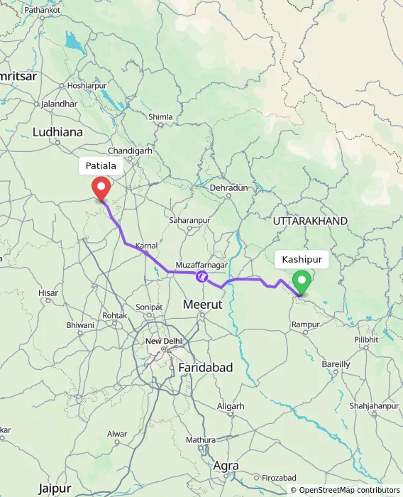Route map showing distance and travel time from Kashipur, India to Patiala, India