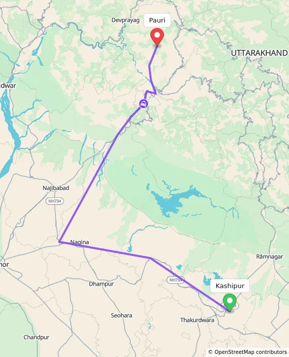 Route map showing distance and travel time from Kashipur, India to Pauri, India